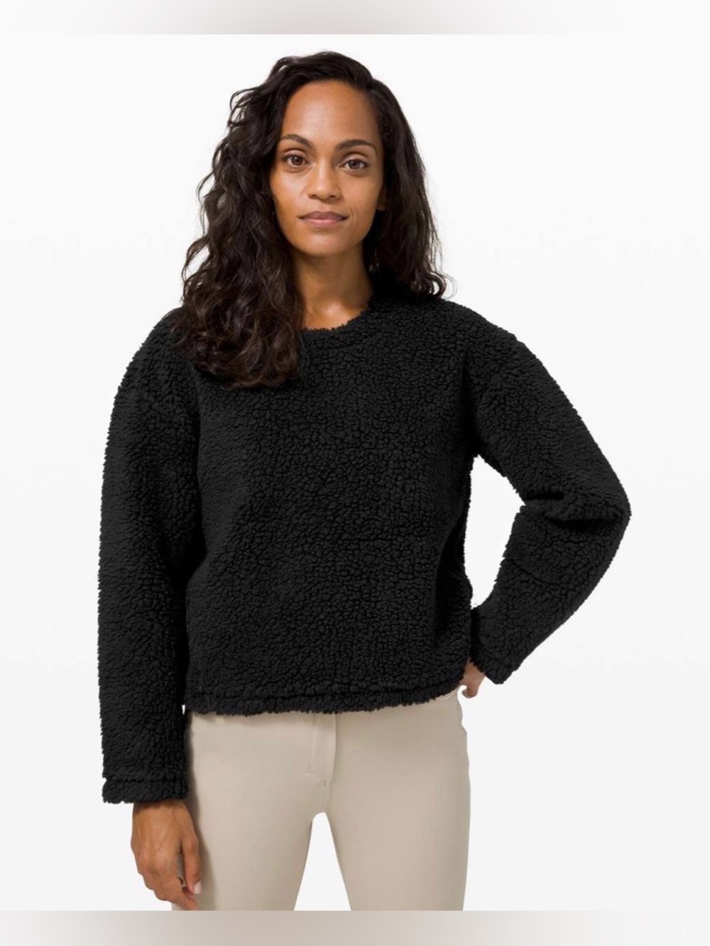 Lululemon Wool-Blend Black Sherpa Zip-Back Pullover, Size 6